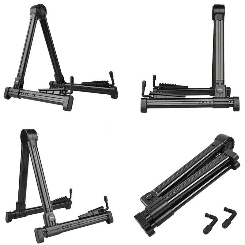 Set of black adjustable guitar stands on a white background