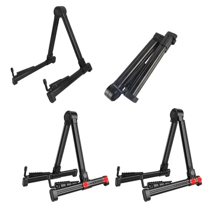 Set of five black guitar stands on a white background