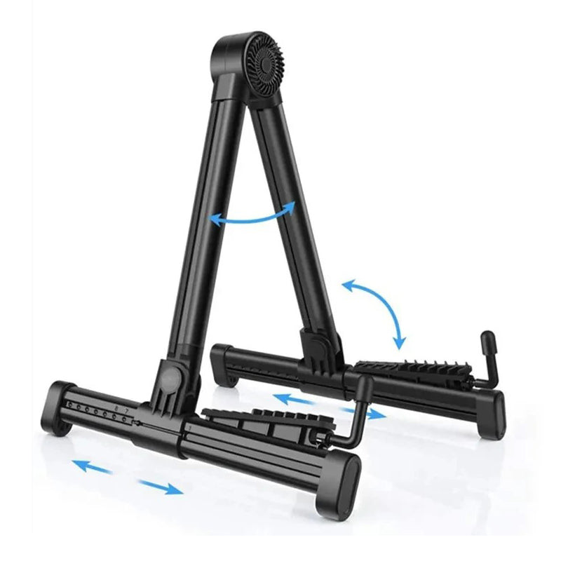 Black adjustable guitar stand on a white background