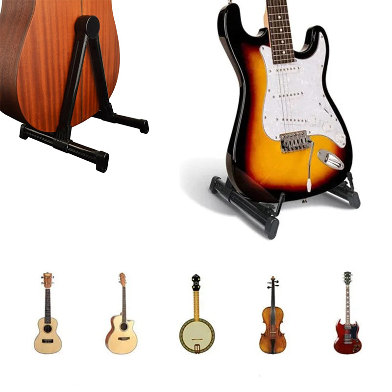 Guitar stand holding a electric guitar with six smaller guitars displayed below on a white background