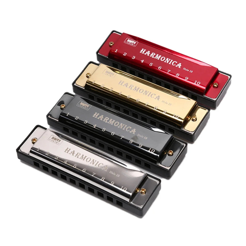 Harmonica in red, gold, black, and silver on a white background