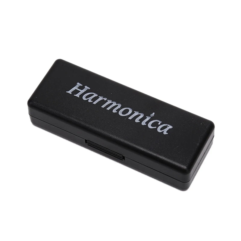Black harmonica case with 'Harmonica' text on a white background