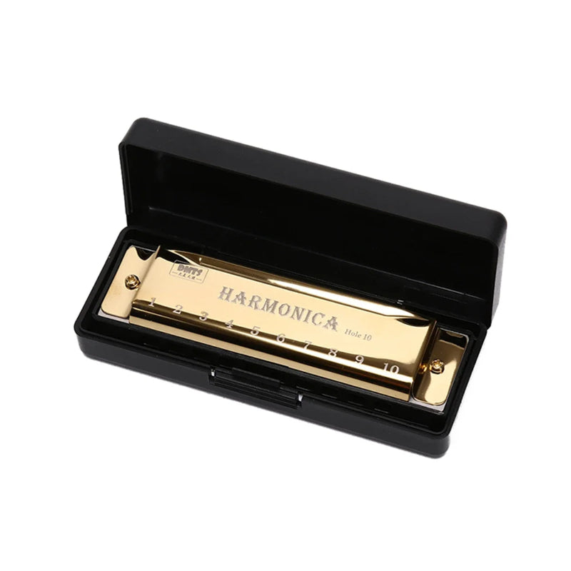 Gold harmonica in a black case on a white background