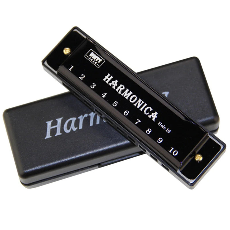 Black harmonica with 'HARMONICA' branding on a white background