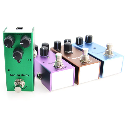 Four colorful guitar effect pedals on a white background