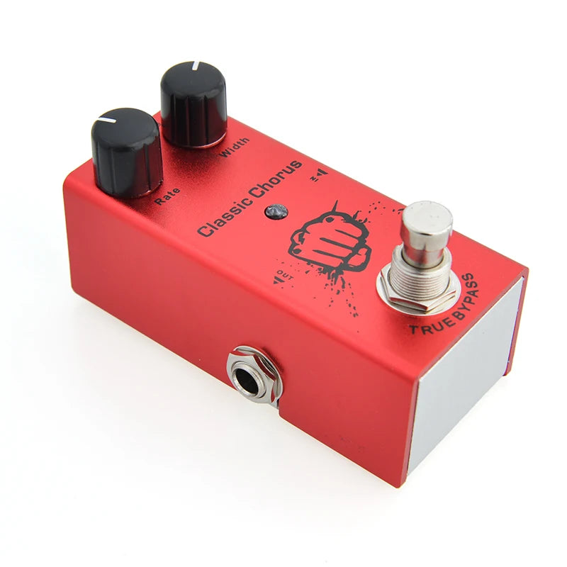 Red guitar effects pedal with black and silver components on a white background