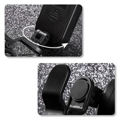 Close-up of a black phone holder with a textured background