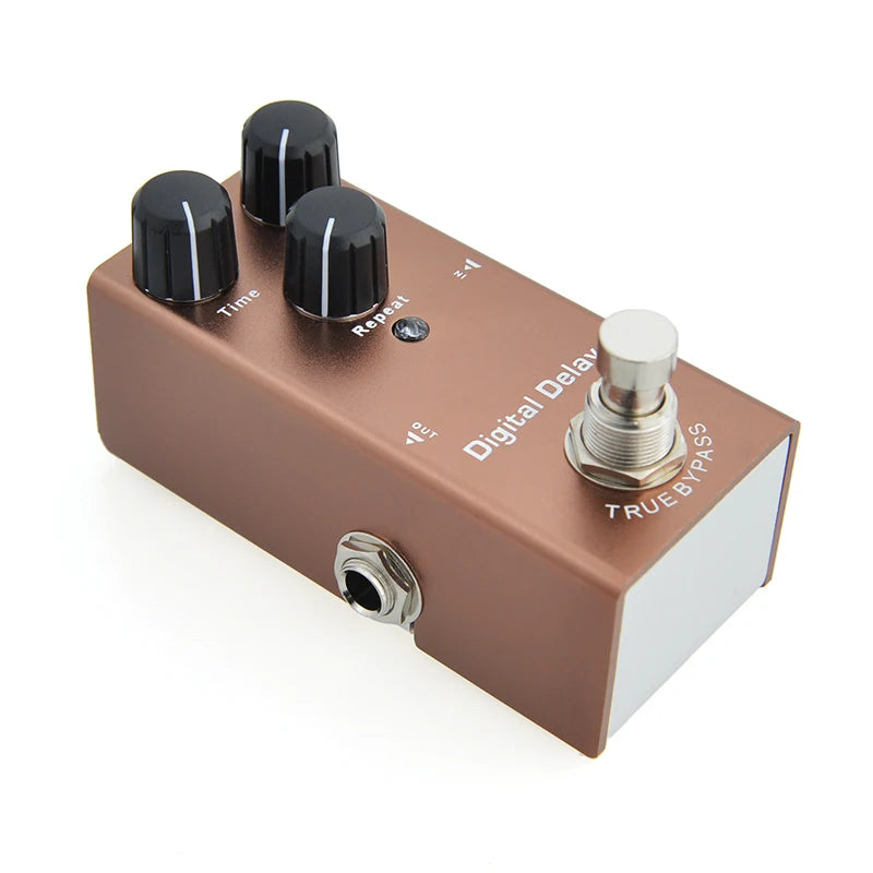 Guitar effects pedal with knobs and switch on a white background