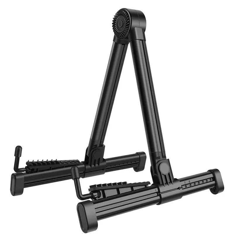 Black adjustable guitar stand on a white background