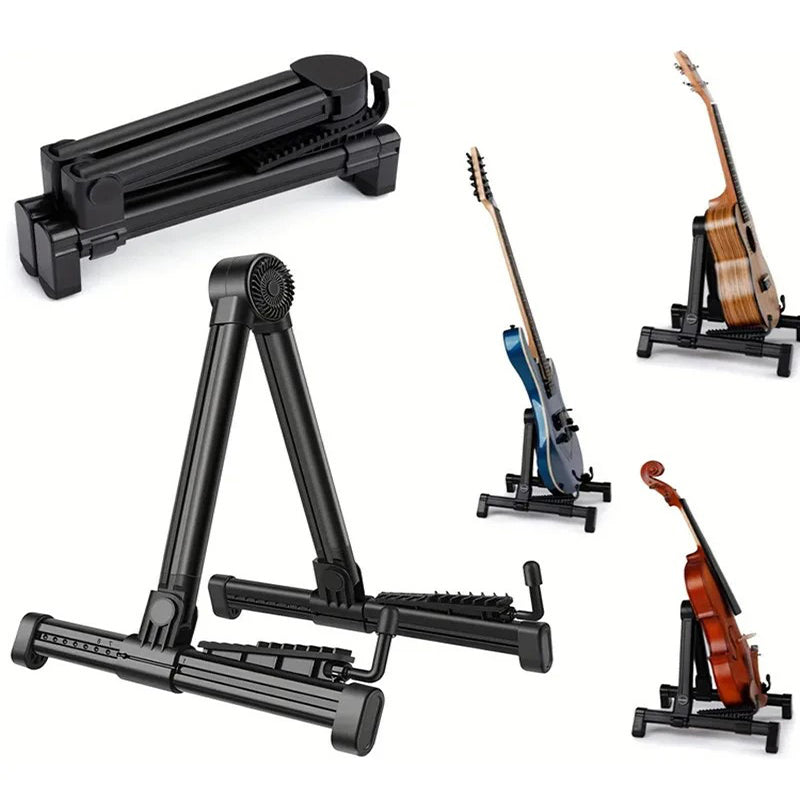 Black guitar stand with multiple angles shown on a white background