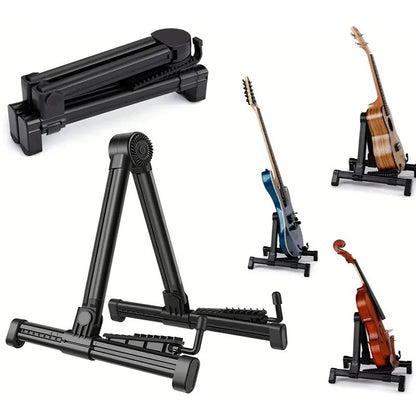 Black guitar stand with multiple angles shown on a white background