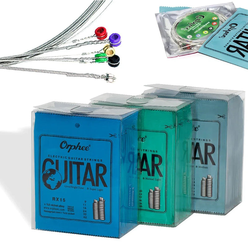 Orphee guitar strings packaging with individual strings displayed above.