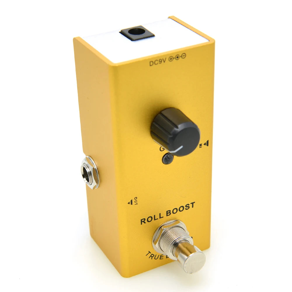 Yellow guitar effects pedal with a black knob and silver switch on a white background