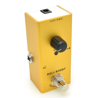 Yellow guitar effects pedal with a black knob and silver switch on a white background