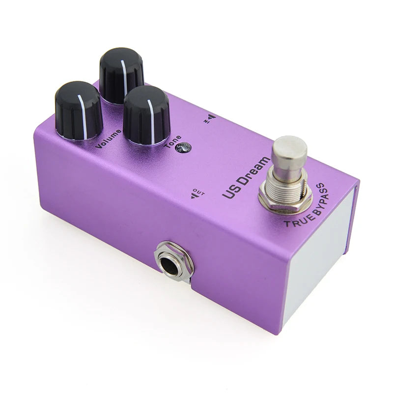 Purple guitar effects pedal with knobs and a true bypass switch on a white background