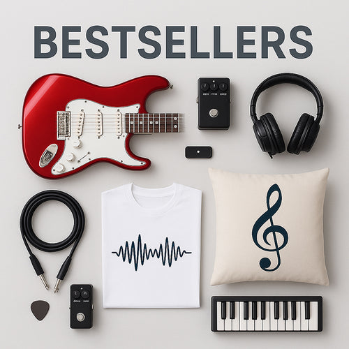 Collection of music-themed items including a red guitar, headphones, pillow with musical symbol, and keyboard on a light gray background.