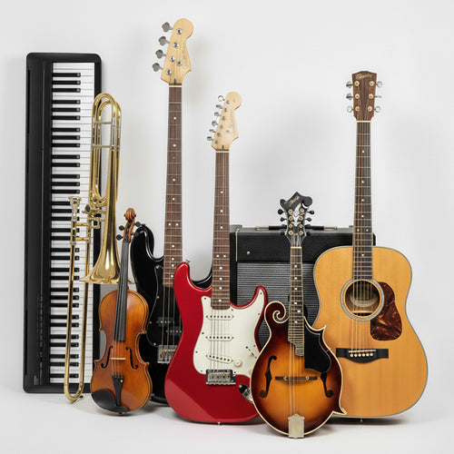 Collection of musical instruments including guitars, a violin, a trumpet, and a keyboard on a white background