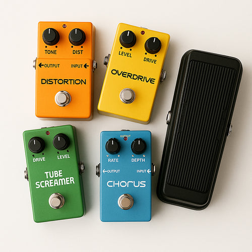 Collection of guitar effect pedals including Distortion, Overdrive, Tube Screamer, and Chorus on a white background.